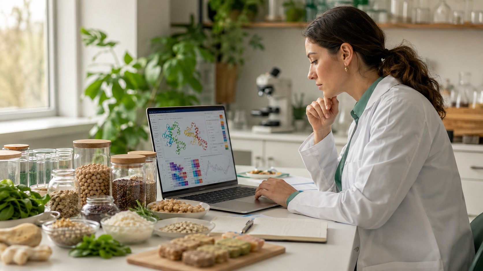 Chercheuse utilisant l’intelligence artificielle pour analyser des protéines alimentaires.