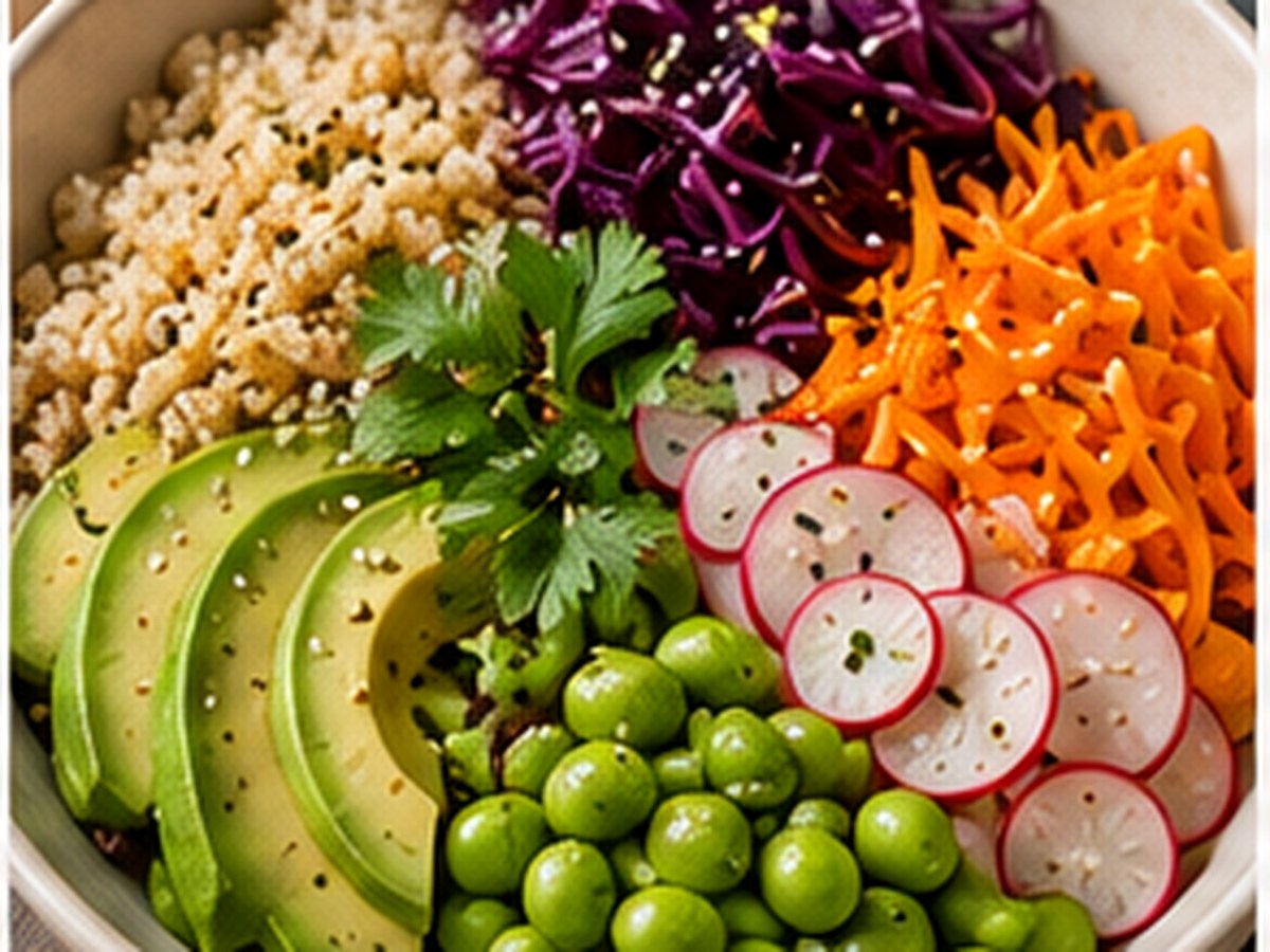 Bowl de quinoa, avocat, chou rouge et petits pois