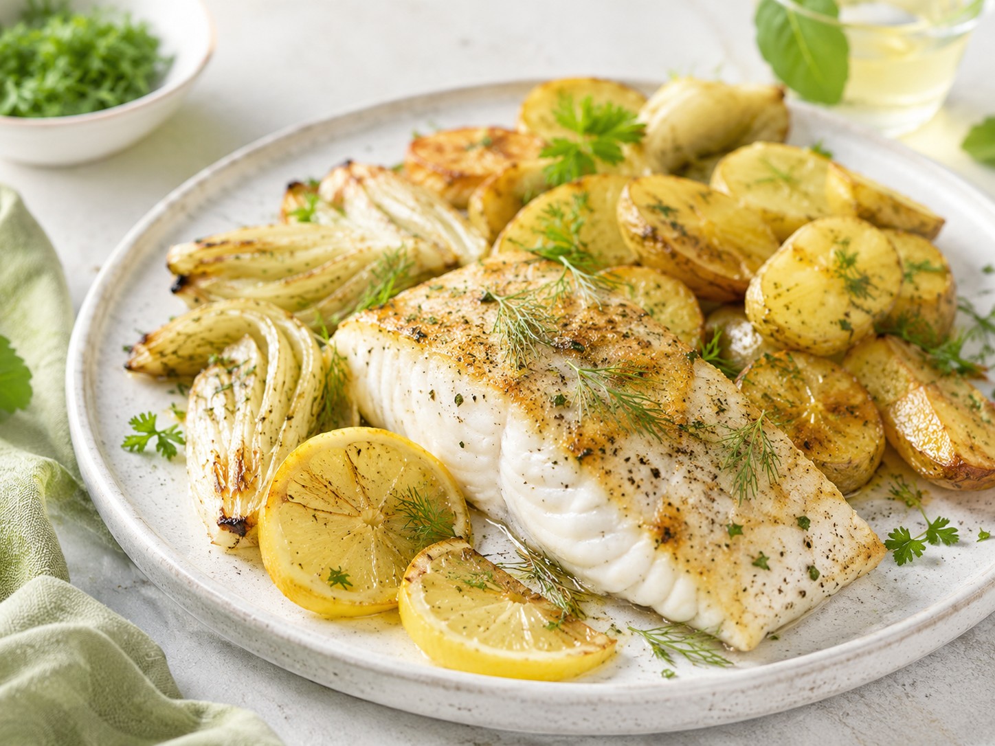 Cabillaud rôti au fenouil, citron et pommes de terre