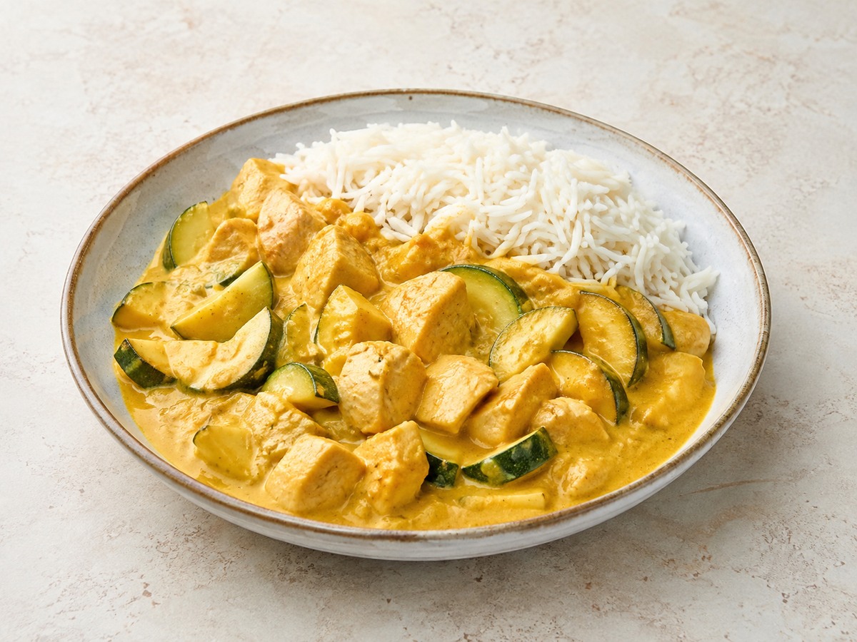 Curry doux de poulet aux courgettes et riz