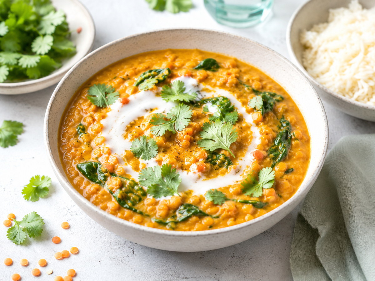 Dahl de lentilles corail au lait de coco et épinards