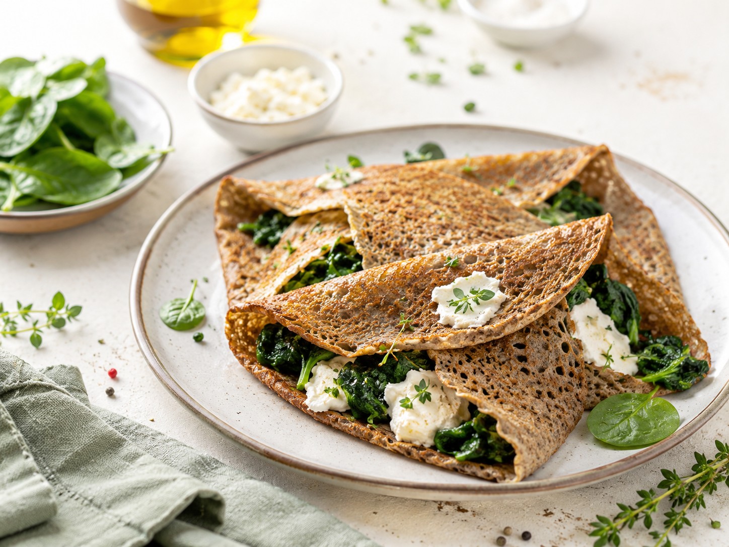 Galettes de sarrasin aux épinards et chèvre frais