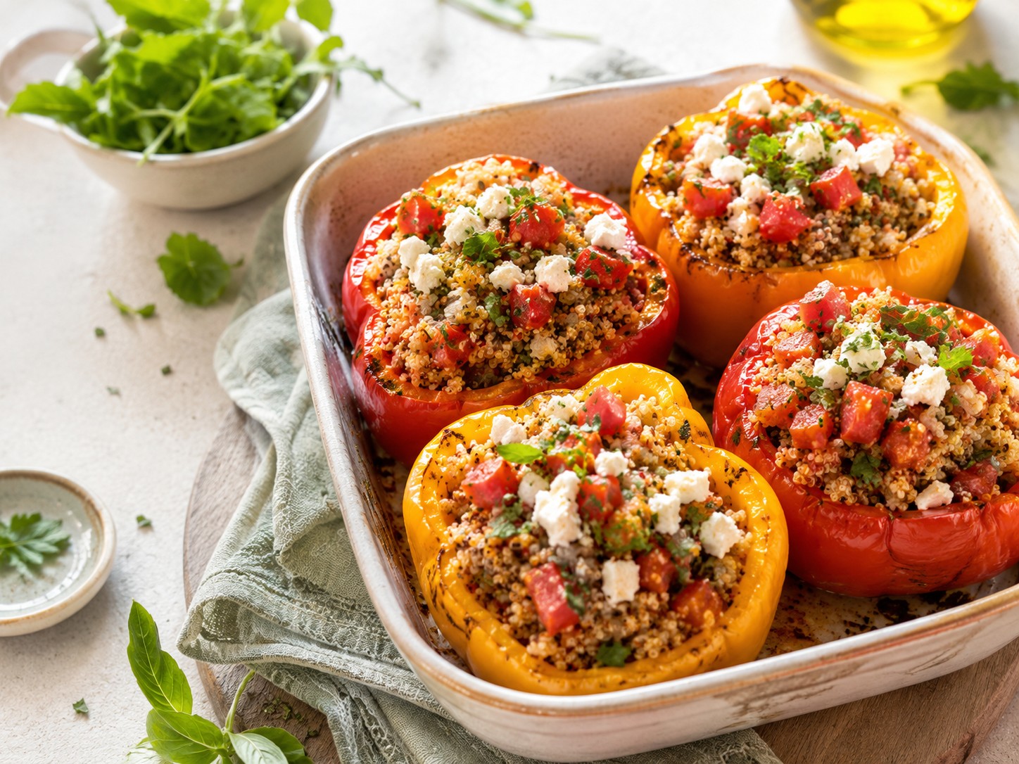 Poivrons farcis au quinoa, tomate et feta