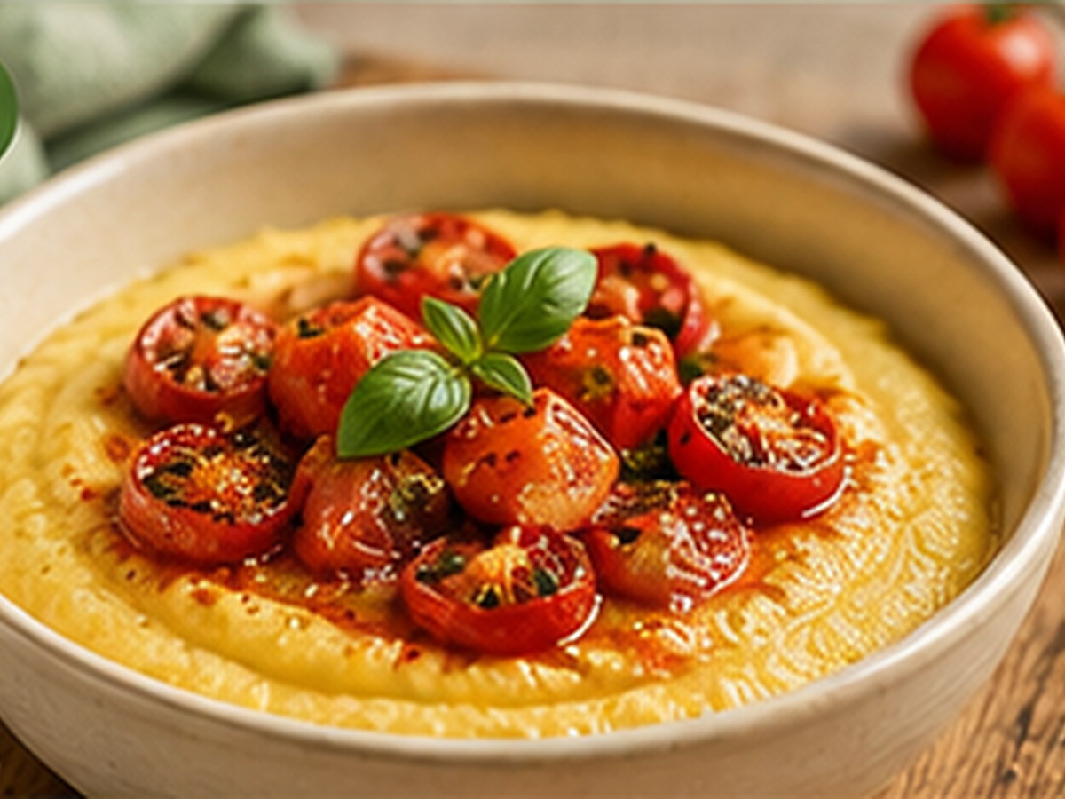 Polenta crémeuse aux tomates rôties et basilic
