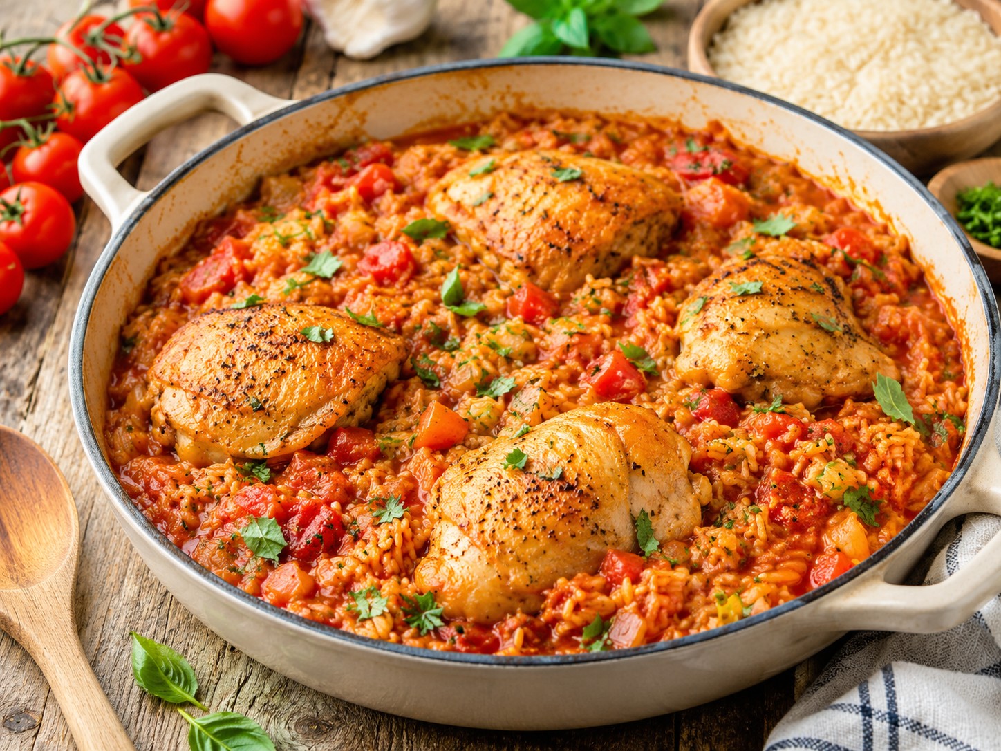 Poulet tomate et riz en une casserole