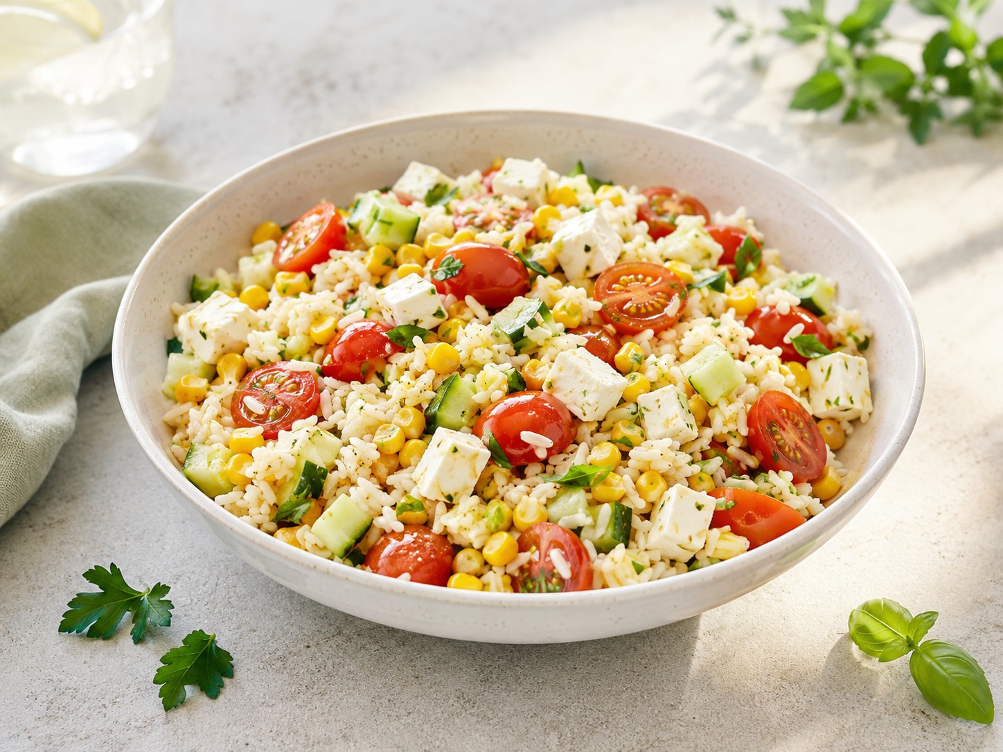 Salade de riz, maïs, feta et tomates