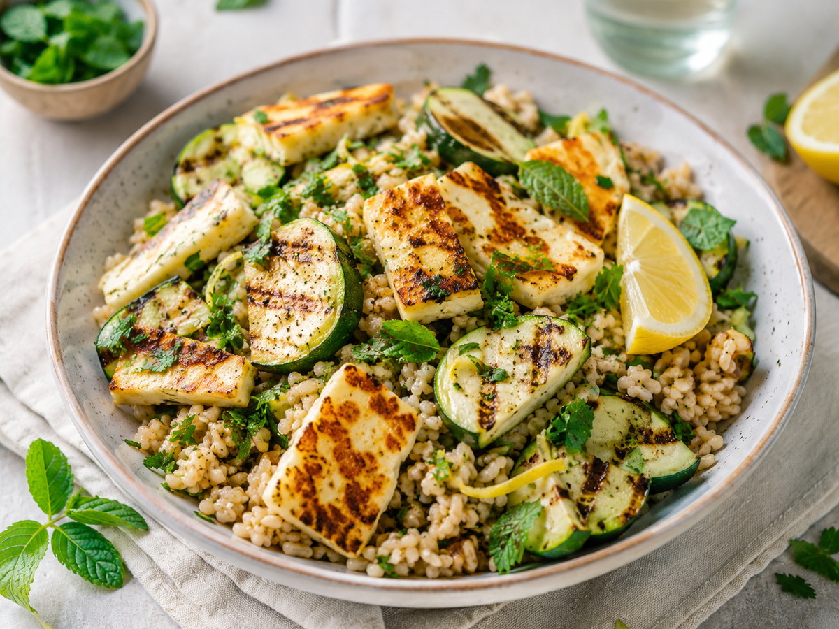 Salade tiède de sarrasin, courgettes grillées et tofu doré