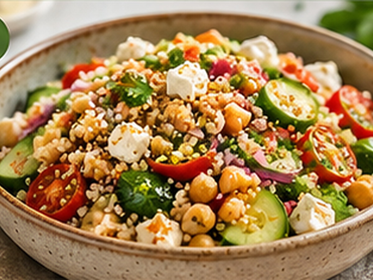 Salade de sorgho, pois chiches, concombre et feta