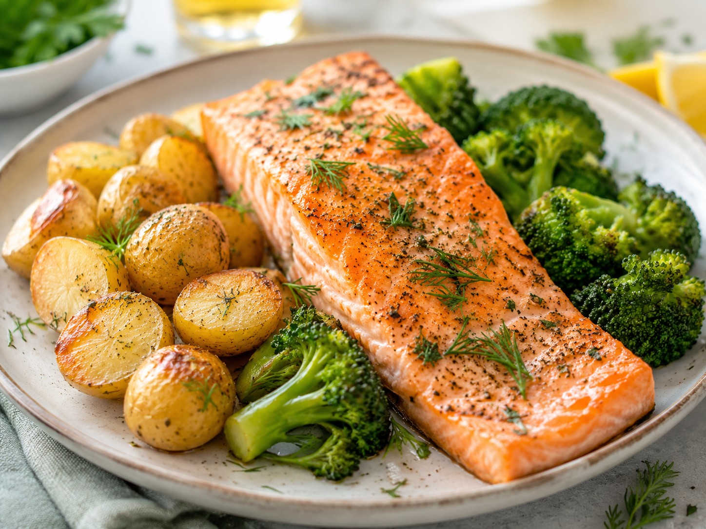 Saumon rôti, brocoli et pommes de terre