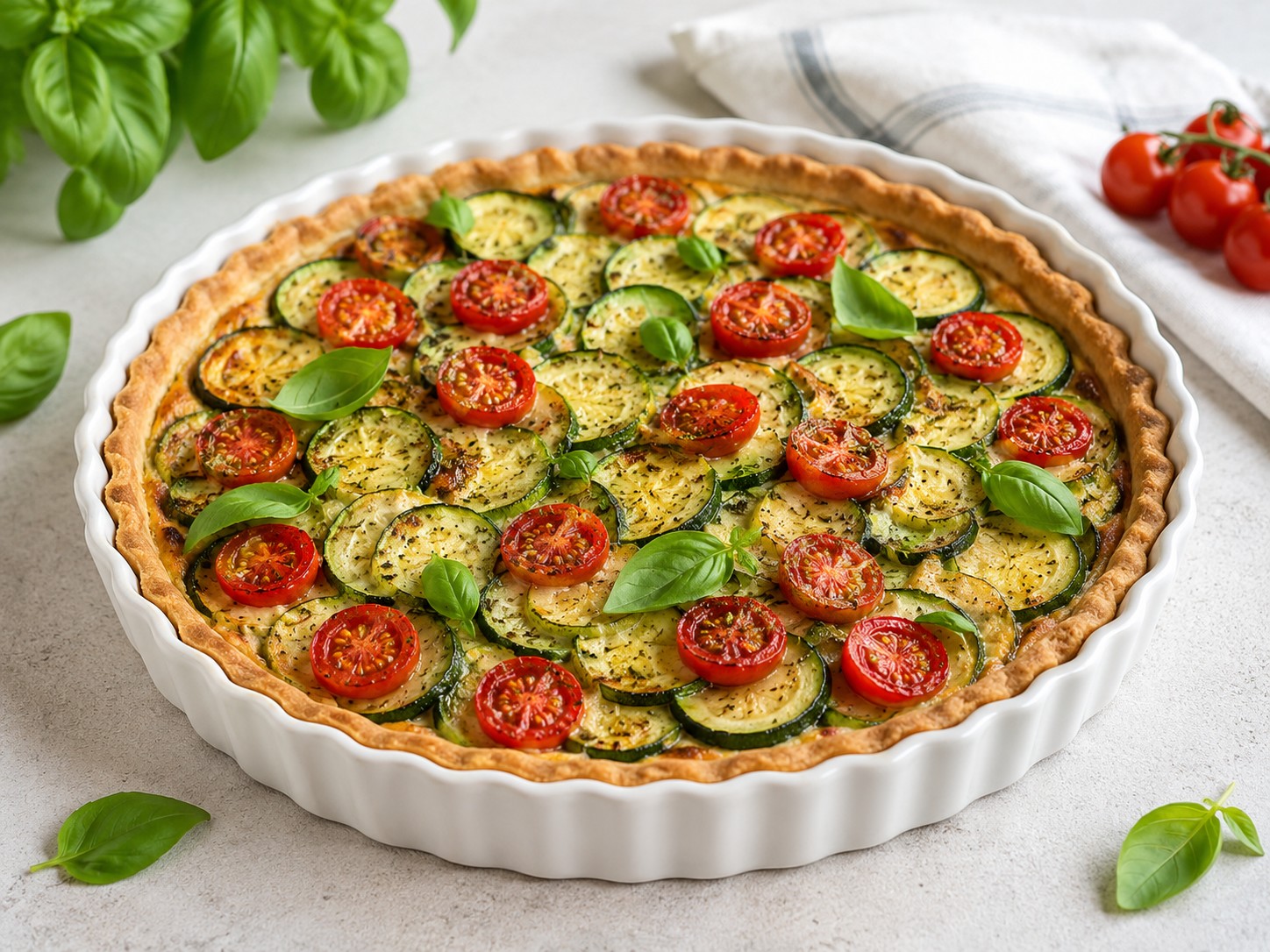 Tarte sans gluten aux courgettes, tomates et basilic