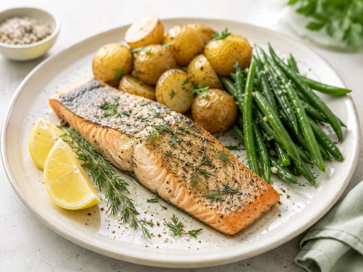 Truite rôtie aux herbes, haricots verts et pommes de terre