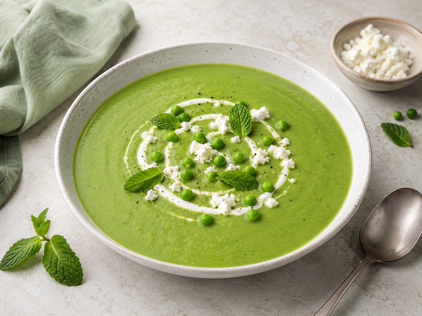 Velouté de petits pois à la menthe et au chèvre frais